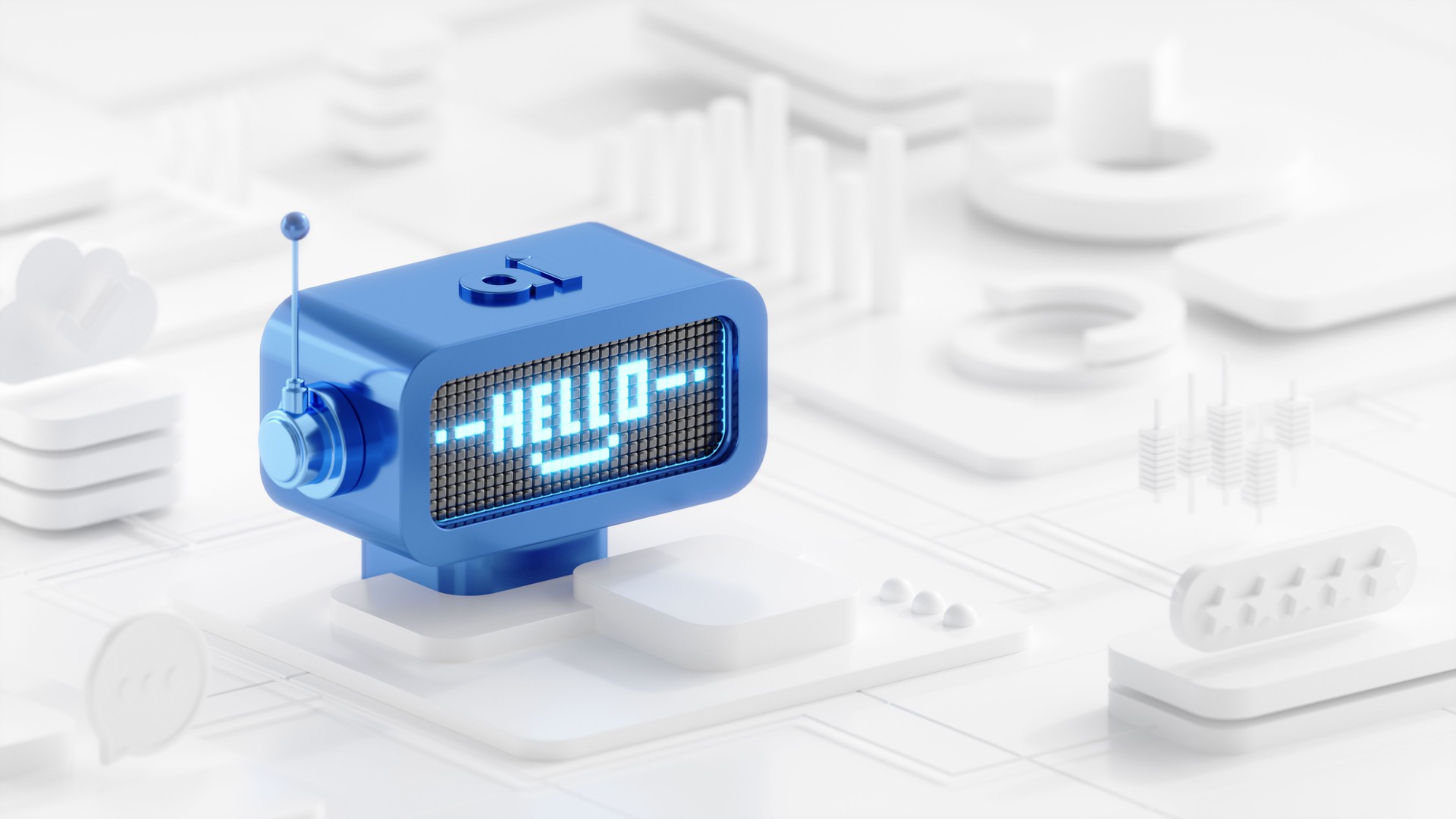 Retro Futuristic Robot Display With Blue Hello Message In Abstract White Setting