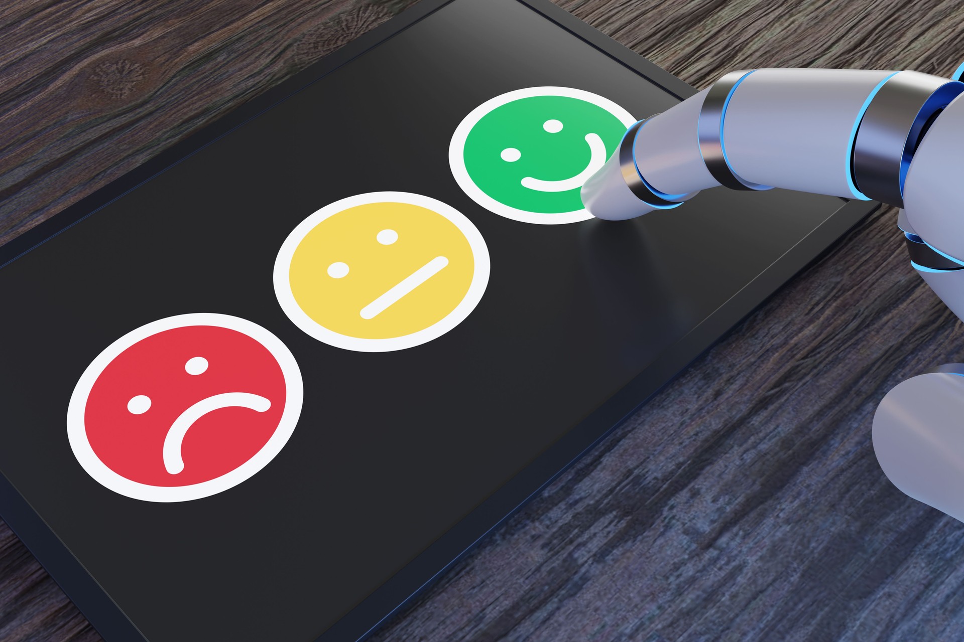 Roboterhand mit künstlicher Intelligenz, die auf das lächelnde Emoji-Gesicht zeigt, anstatt auf einen traurigen und neutralen Gesichtsausdruck. Veranschaulichung des Konzepts von Feedback und Kundenzufriedenheit