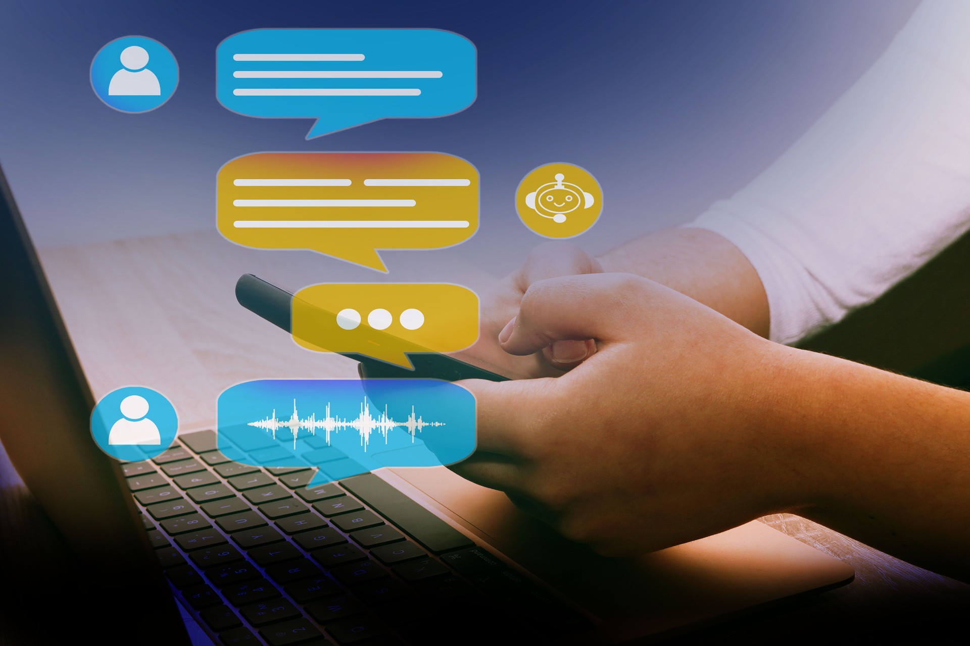 Chat-Bot-Service und zukünftiges Marketingkonzept Kunde nutzt Online-Service mit Chat-Bot, virtueller Assistent.