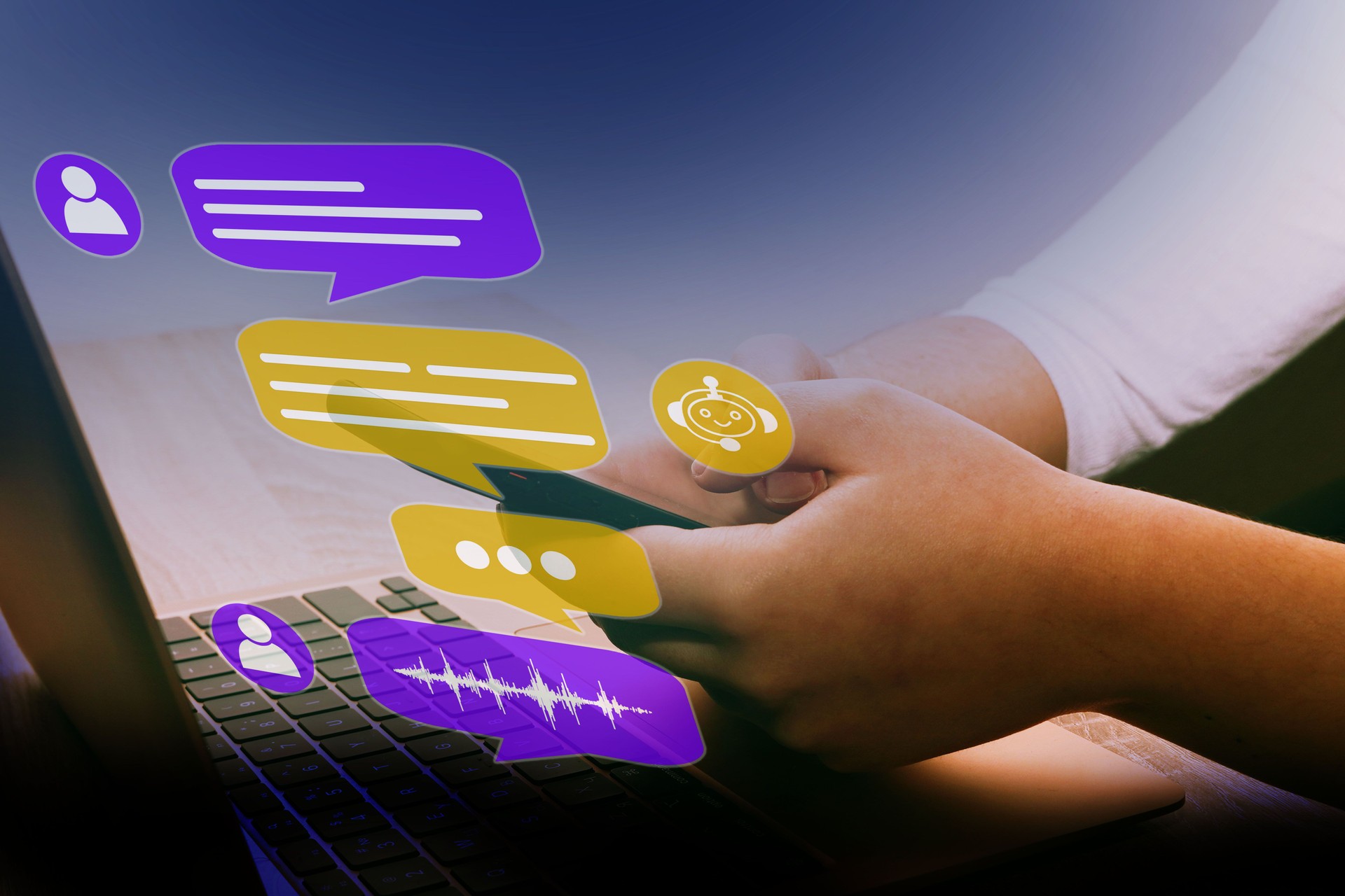 Chat-Bot-Service und zukünftiges Marketingkonzept Kunde nutzt Online-Service mit Chat-Bot, virtueller Assistent.